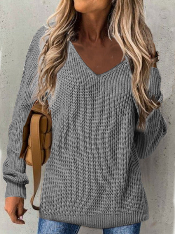 Women’s Knit Sweater – V-Neck – Loose Fit – Ribbed Texture – Long Sleeve Casual Wear
