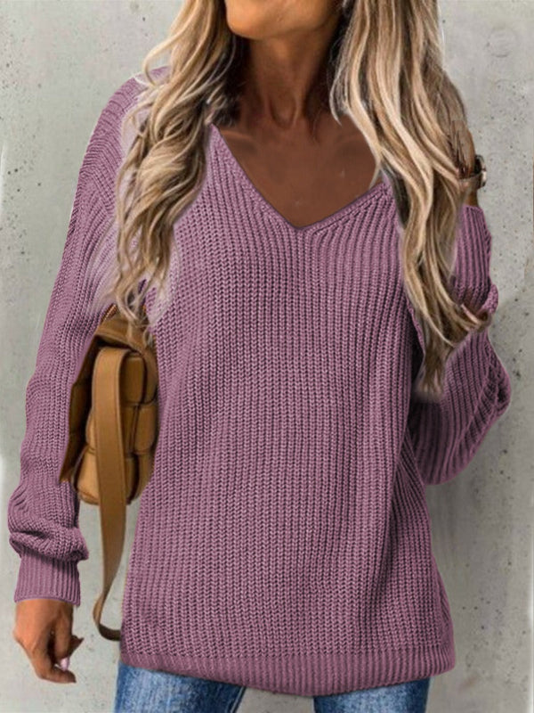 Women’s Knit Sweater – V-Neck – Loose Fit – Ribbed Texture – Long Sleeve Casual Wear