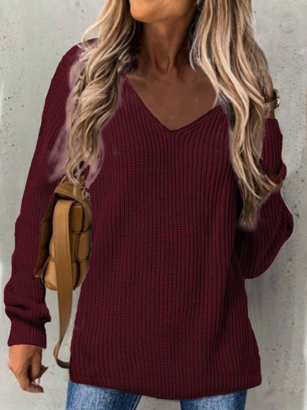 Women’s Knit Sweater – V-Neck – Loose Fit – Ribbed Texture – Long Sleeve Casual Wear