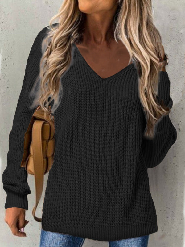 Women’s Knit Sweater – V-Neck – Loose Fit – Ribbed Texture – Long Sleeve Casual Wear