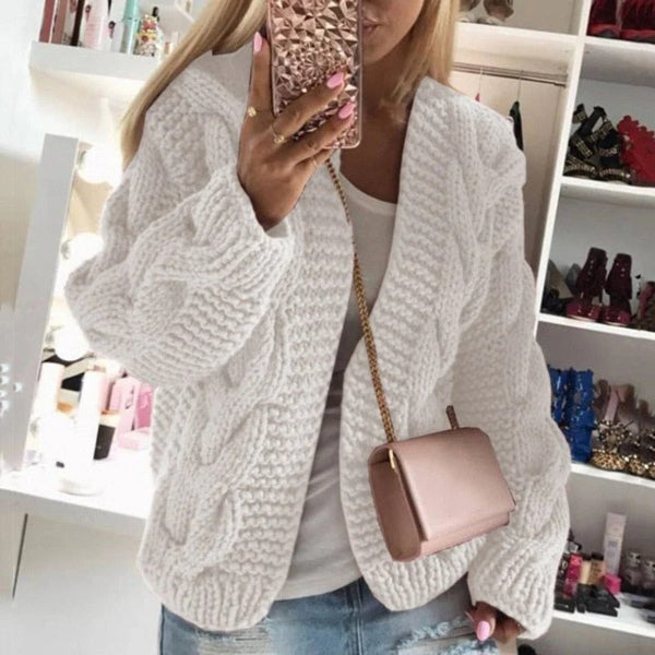 Women’s Cardigan – Wool Knit – Chunky Cable Pattern – Open Front – Long Sleeve Relaxed Fit