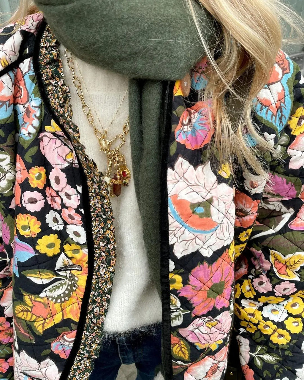 Women’s Quilted Coat – Relaxed Fit – Wide Sleeves – Plush Lining – Floral Print – Button Front