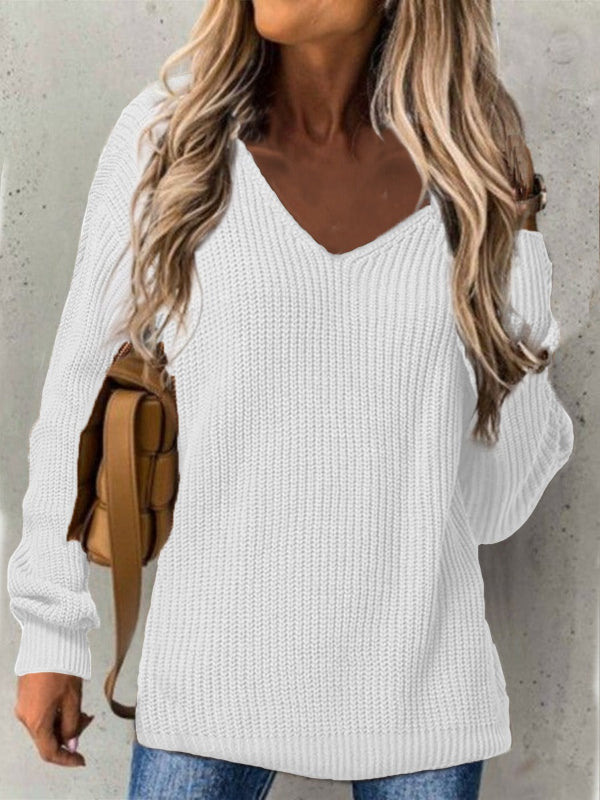 Women’s Knit Sweater – V-Neck – Loose Fit – Ribbed Texture – Long Sleeve Casual Wear