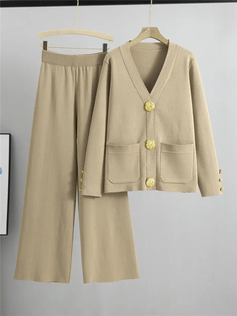 Women’s Knit Co-Ord Set – Relaxed V-Neck Cardigan with Pockets – Wide Leg Trousers
