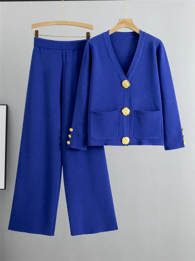 Women’s Knit Co-Ord Set – Relaxed V-Neck Cardigan with Pockets – Wide Leg Trousers