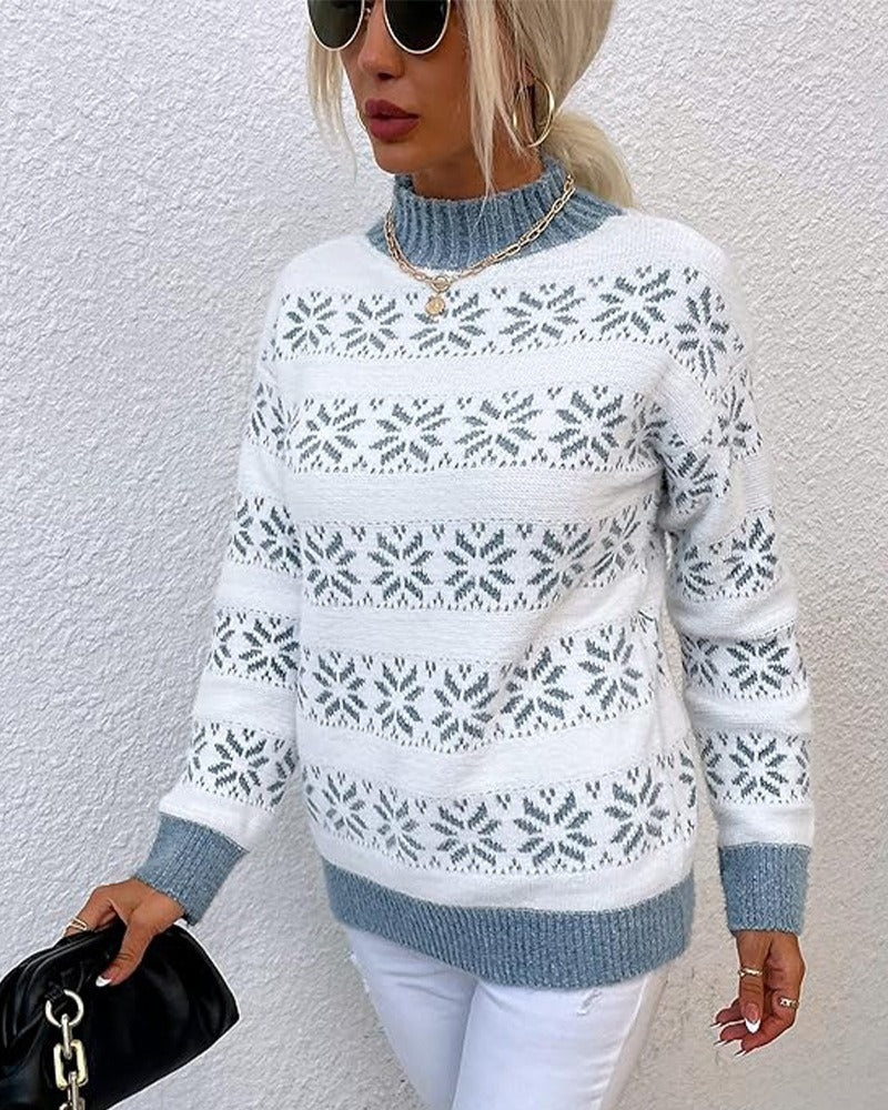 Women’s Knit Sweater – Wool Blend – Half Turtleneck – Snowflake Pattern – Relaxed Fit