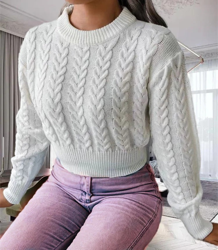 Women’s Knitted Sweater – Wool – Cable Knit – Cropped Fit – Ribbed Crew Neck