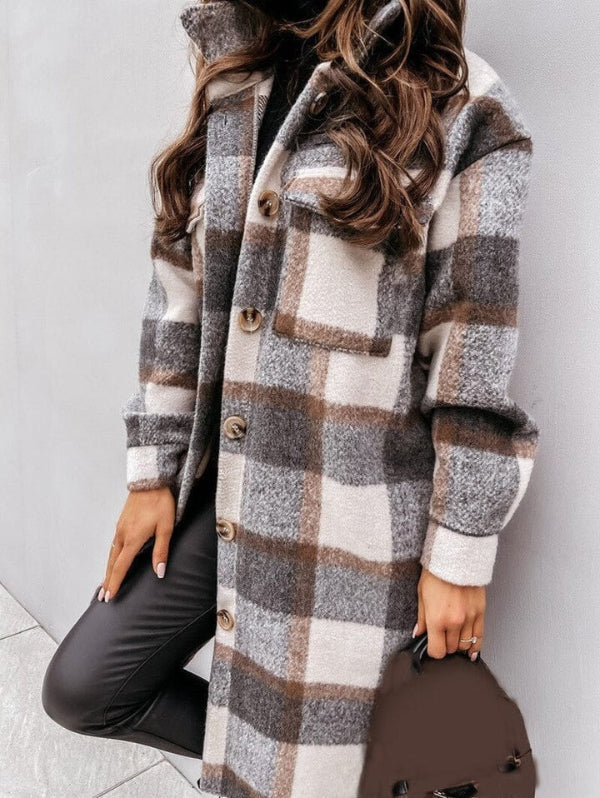 Women’s Checkered Jacket – Oversized Fit – Wool Blend – Knee Length – Button Front