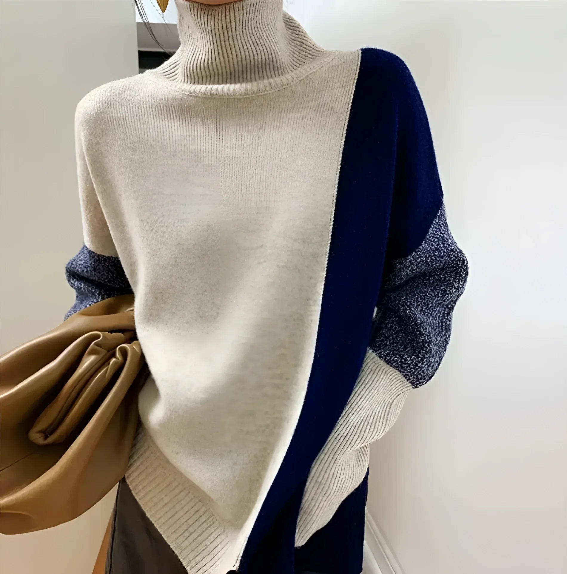 Women’s Turtleneck Sweatshirt – Wool Blend – Relaxed Fit – Asymmetric Two-Tone Knit