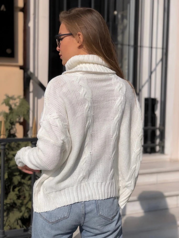 Women’s Knit Sweater – Wool Blend – Chunky Turtleneck – Cable Knit – Relaxed Fit