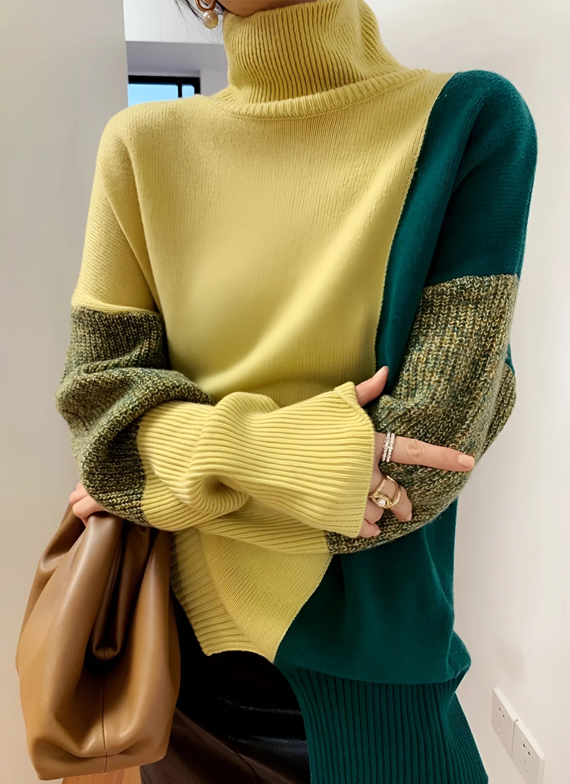 Women’s Turtleneck Sweatshirt – Wool Blend – Relaxed Fit – Asymmetric Two-Tone Knit