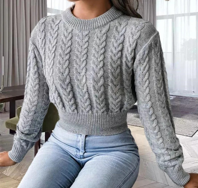 Women’s Knitted Sweater – Wool – Cable Knit – Cropped Fit – Ribbed Crew Neck