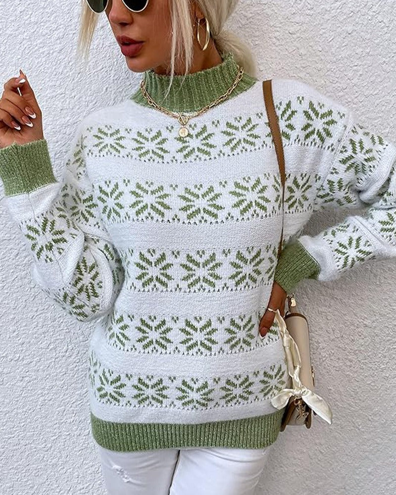 Women’s Knit Sweater – Wool Blend – Half Turtleneck – Snowflake Pattern – Relaxed Fit