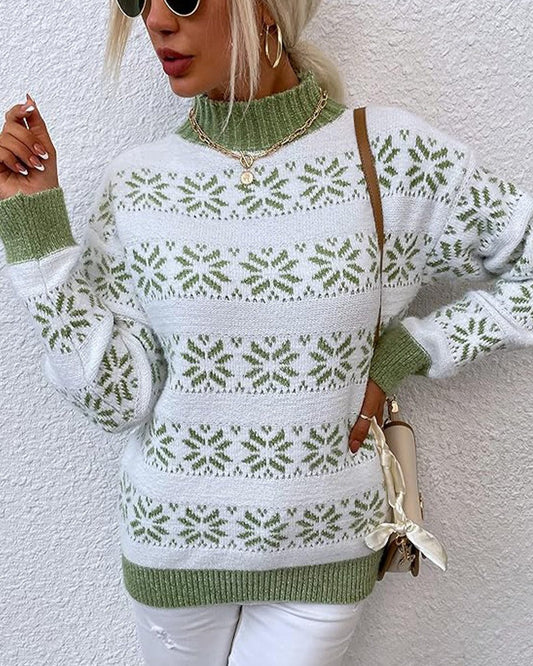 Women’s Knit Sweater – Wool Blend – Half Turtleneck – Snowflake Pattern – Relaxed Fit