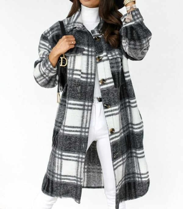Women’s Checkered Jacket – Oversized Fit – Wool Blend – Knee Length – Button Front