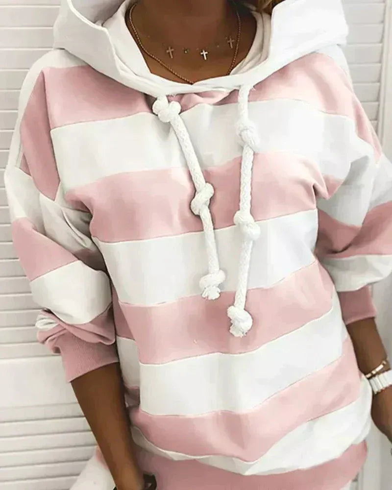 Women’s Hooded Sweatshirt – Oversized Fit – Jersey Knit – Striped – Knotted Drawstring