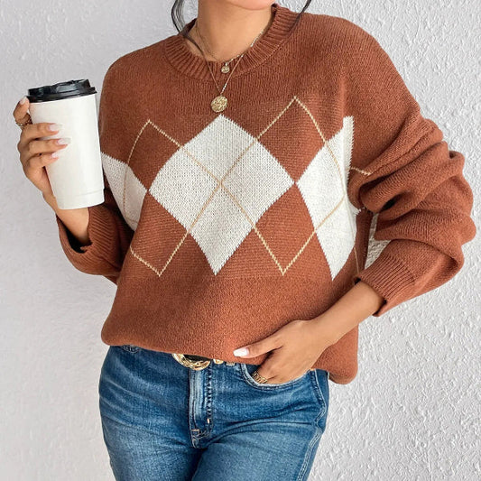 Women’s Pullover Sweater – Wool Blend – Relaxed Fit – Argyle Knit – Crew Neck Ribbed Trim