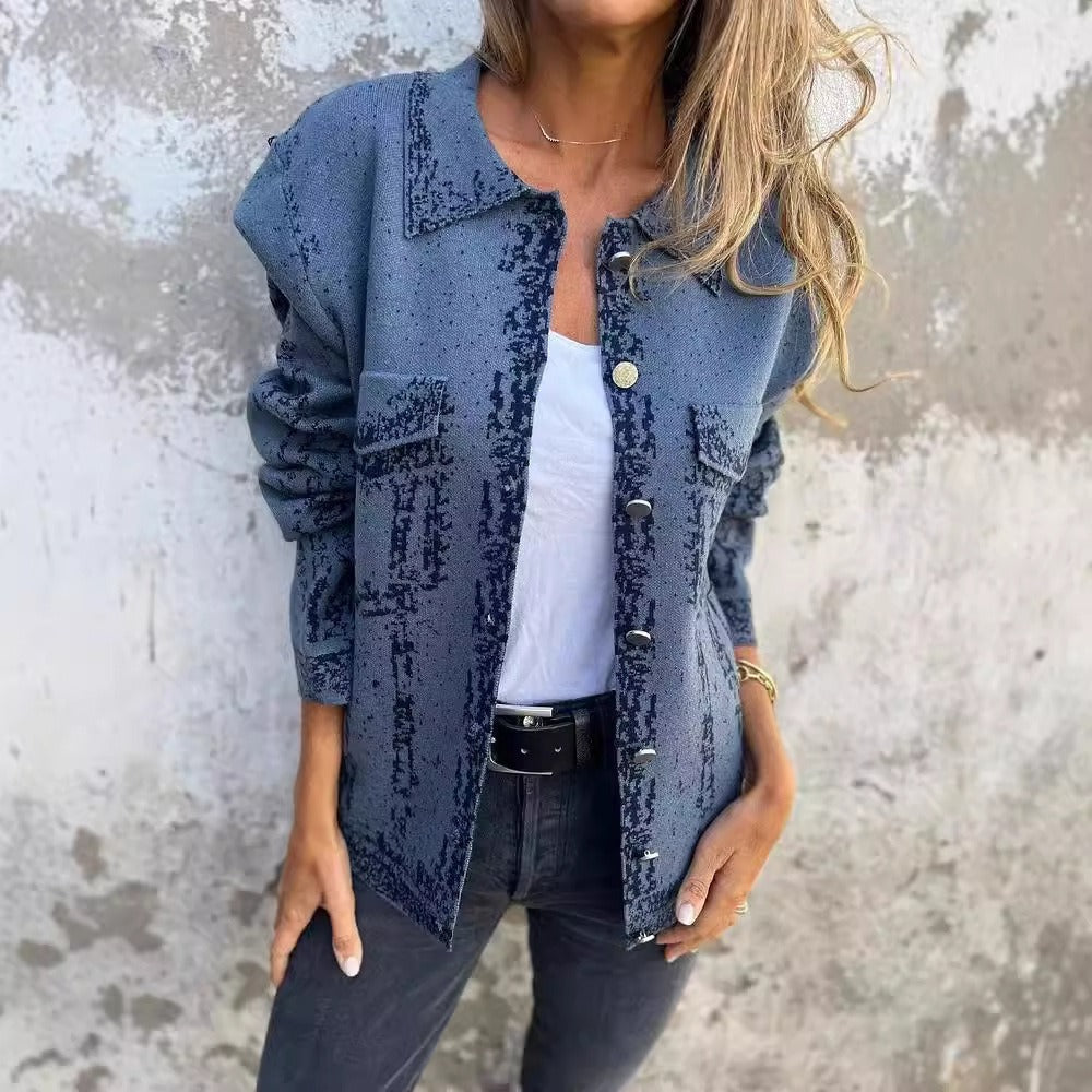 Women’s Knitted Jacket – Relaxed Fit – Wool Blend – Lapel Collar – Metal Buttons