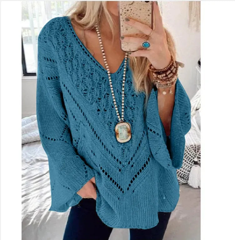 Women’s Sweater – Relaxed Fit – Crochet Knit – V-Neck – Trumpet Sleeve