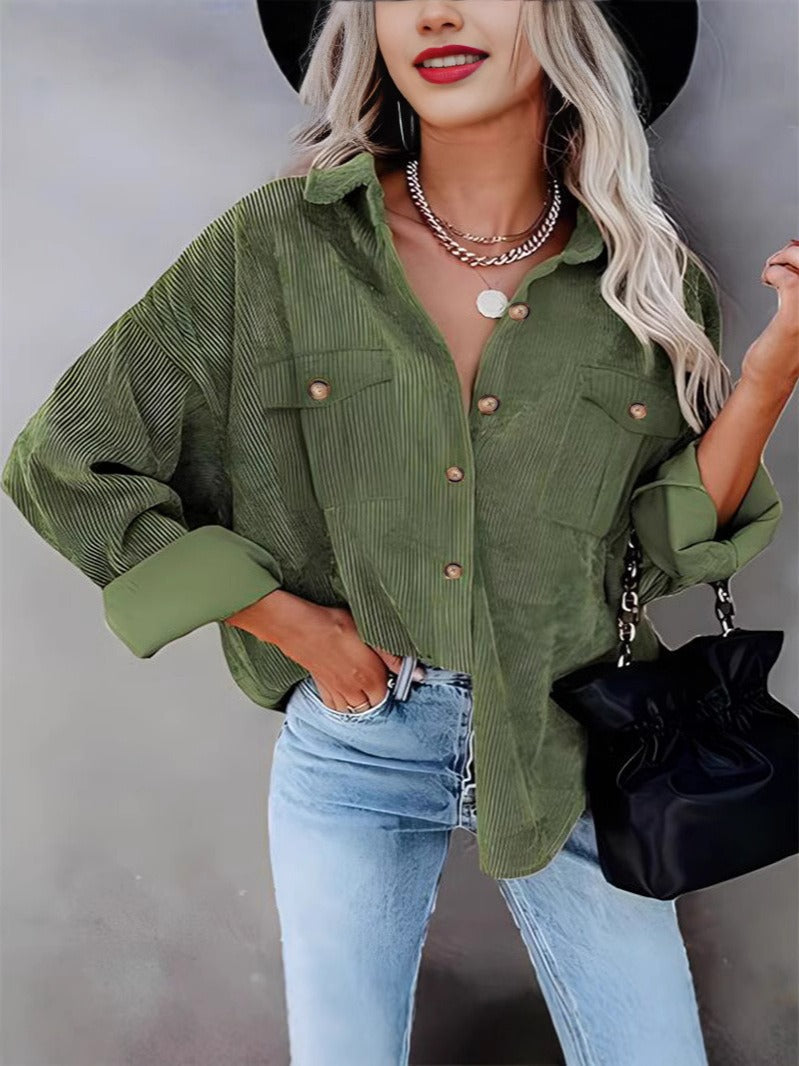 Women’s Corduroy Shacket – Relaxed Fit – Button Front – Long Sleeve – Hip Length