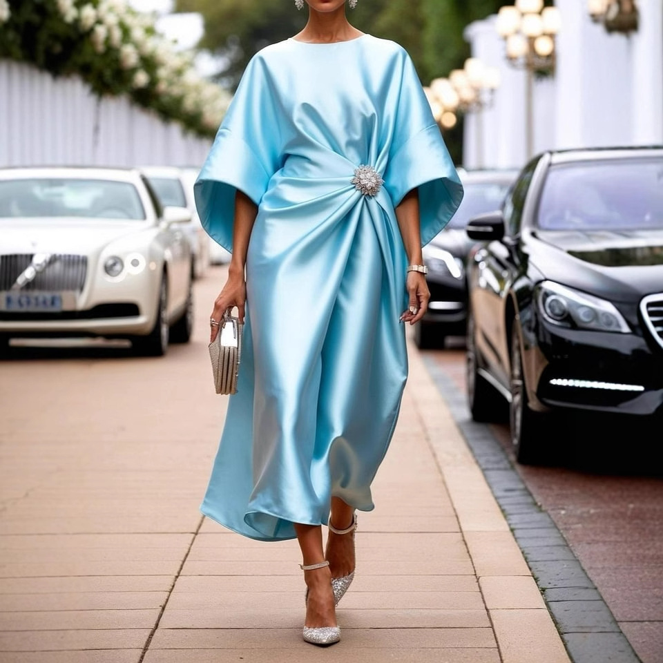 Women’s Midi Dress – Satin Finish – Relaxed Fit – Draped Design – Brooch Detail