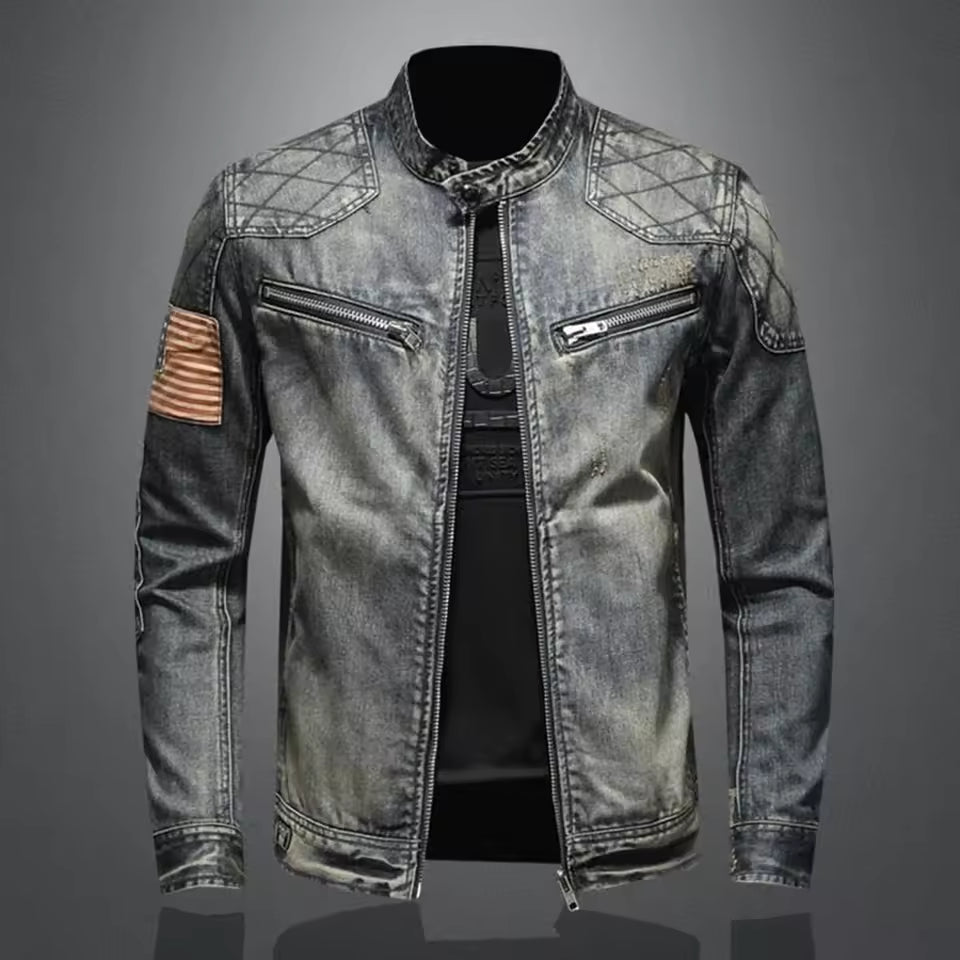 Men’s Denim Jacket – Slim Fit – Zip Stand Collar – Quilted Shoulder – Chest Zips