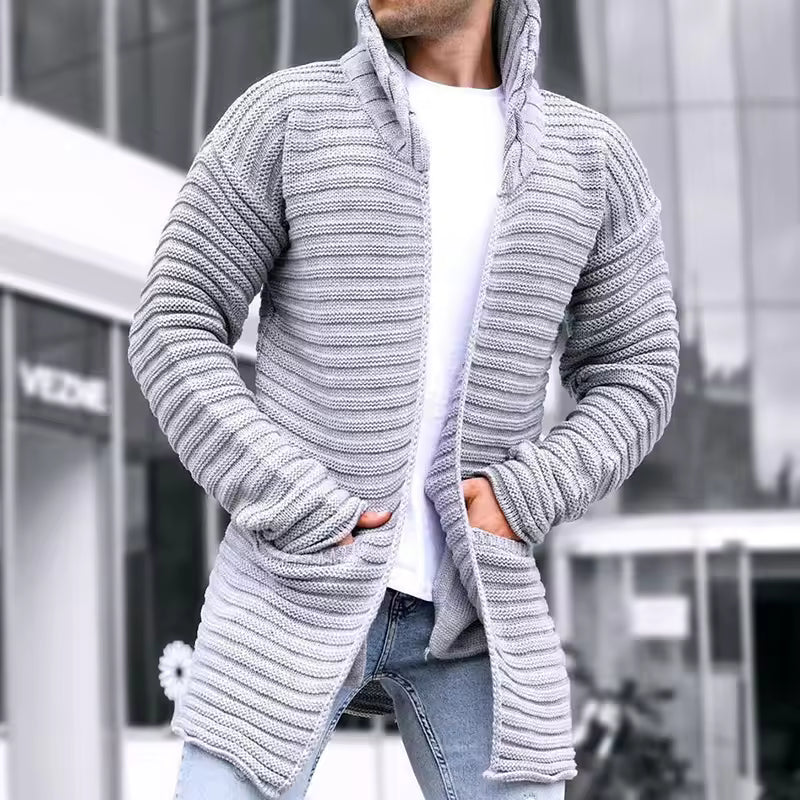 Men’s Knitted Cardigan – Ribbed Wool – Oversized Fit – Turtleneck – Long Line – Open Front