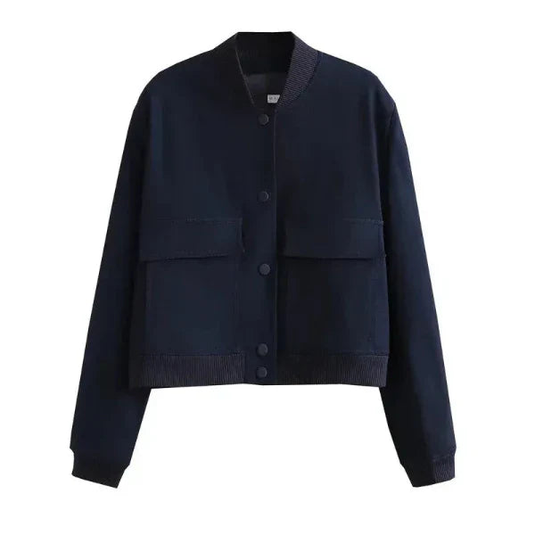 Women’s Bomber Jacket – Relaxed Fit – Cropped Length – Button Front – Flap Pockets