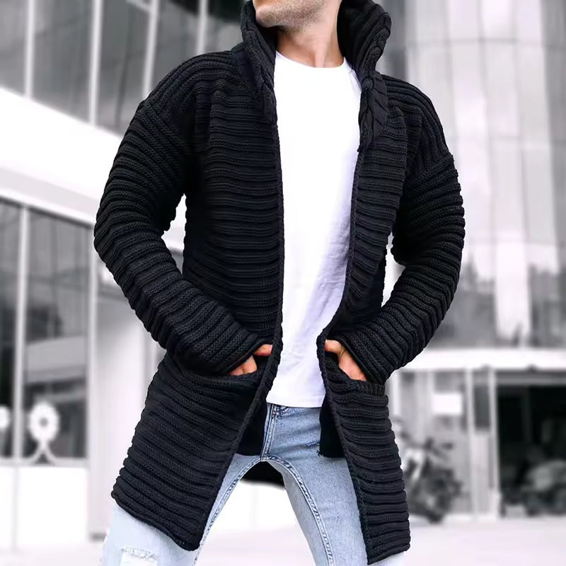 Men’s Knitted Cardigan – Ribbed Wool – Oversized Fit – Turtleneck – Long Line – Open Front