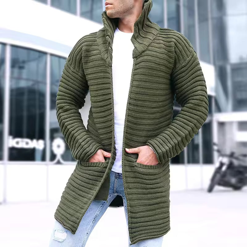 Men’s Knitted Cardigan – Ribbed Wool – Oversized Fit – Turtleneck – Long Line – Open Front