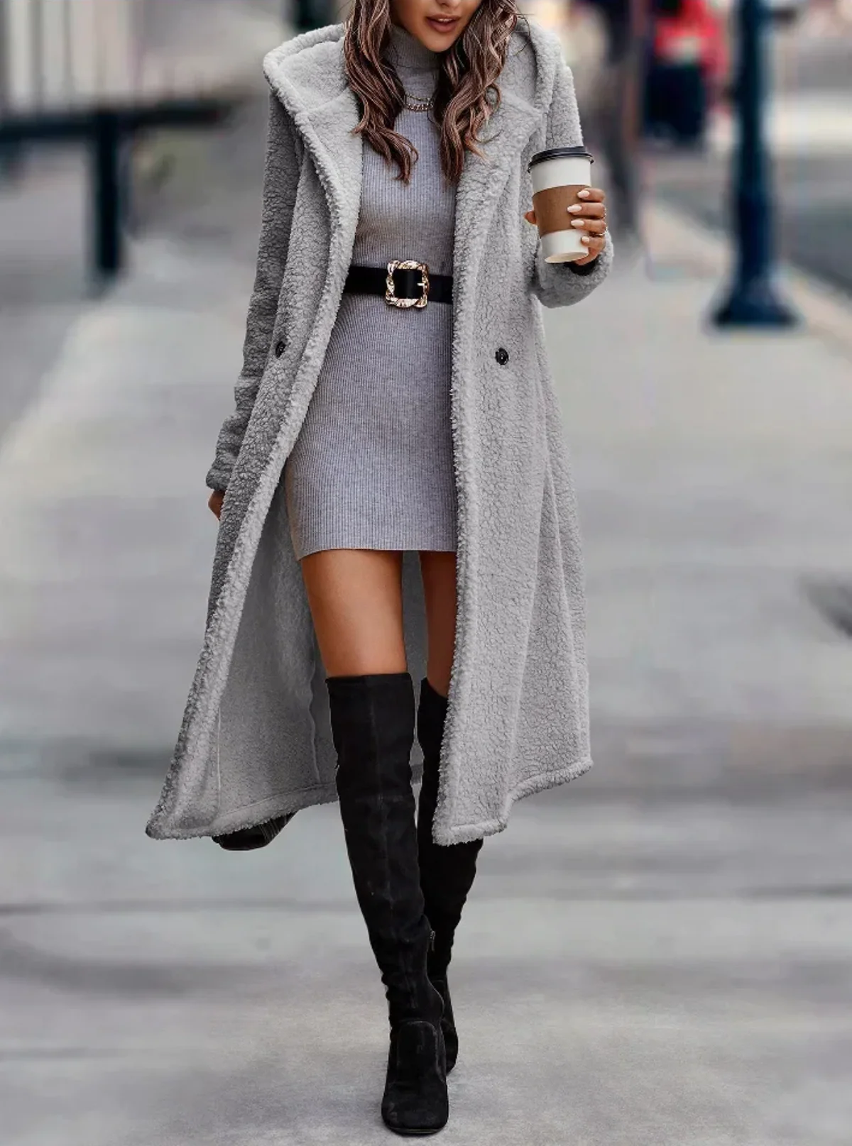 Women’s Overcoat – Teddy Texture – Relaxed Fit – Calf Length – Hooded Open Front