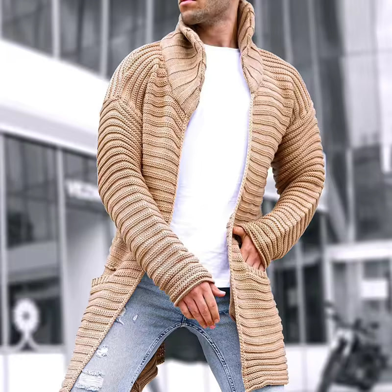 Men’s Knitted Cardigan – Ribbed Wool – Oversized Fit – Turtleneck – Long Line – Open Front