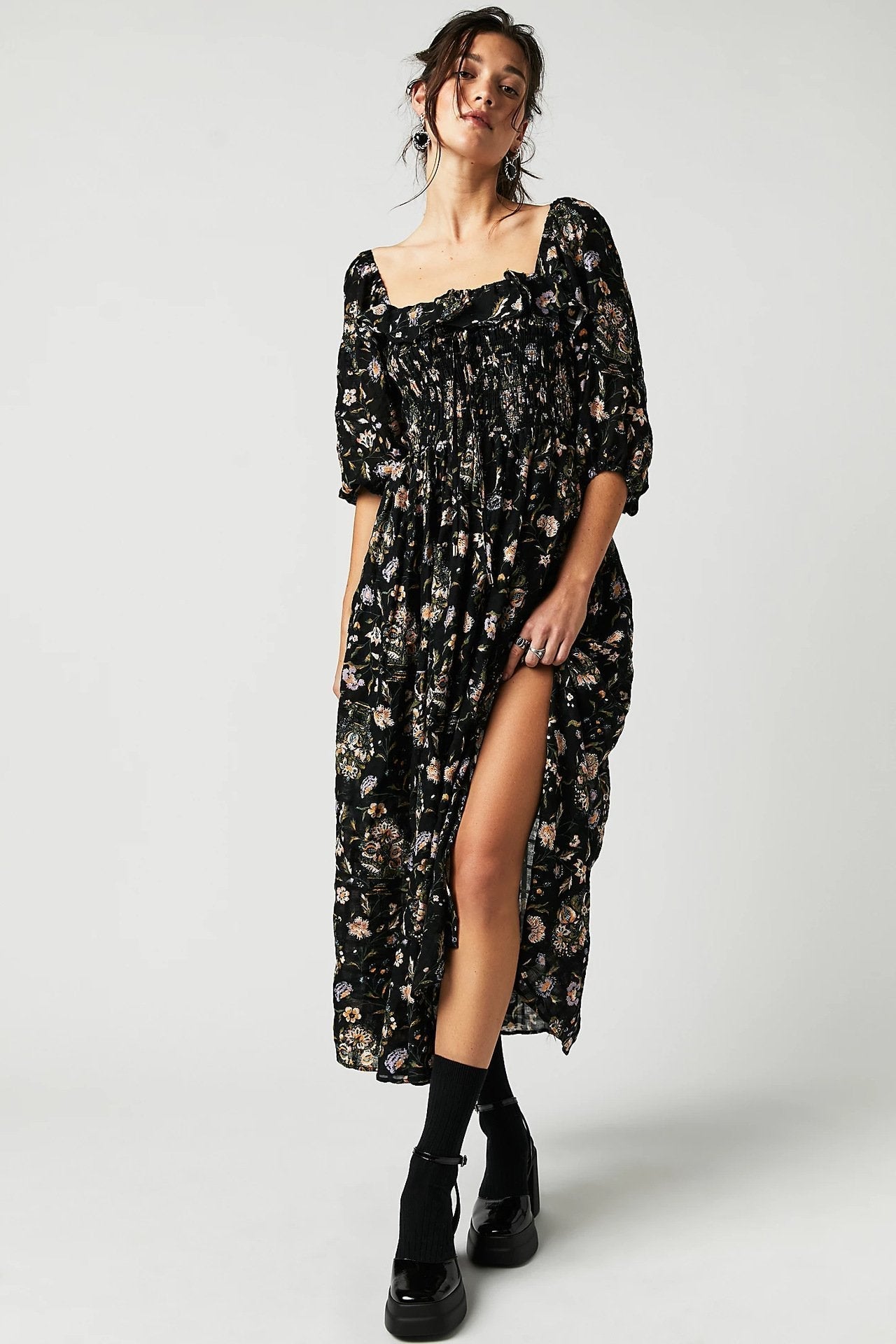 Ariadna® | Printed midi dress with ruched bodice and ruffles