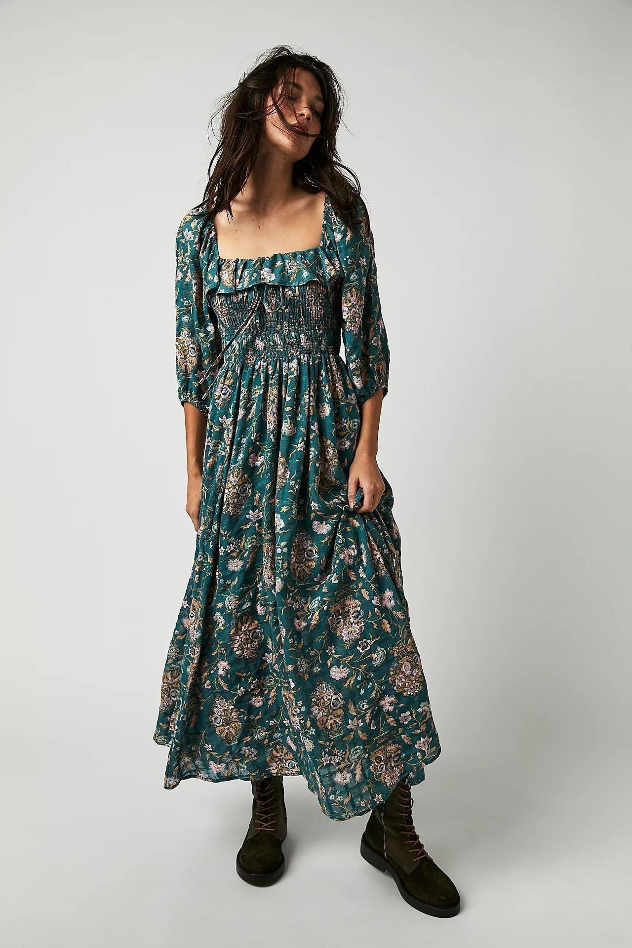 Ariadna® | Printed midi dress with ruched bodice and ruffles