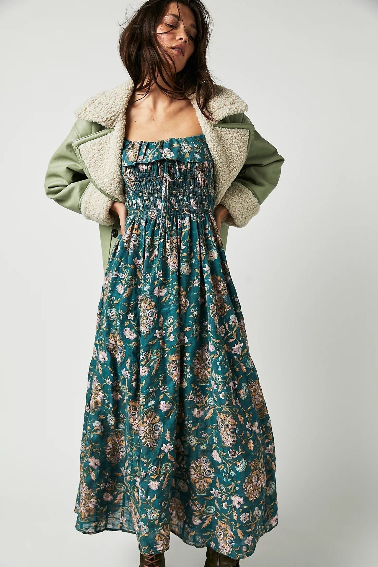 Ariadna® | Printed midi dress with ruched bodice and ruffles
