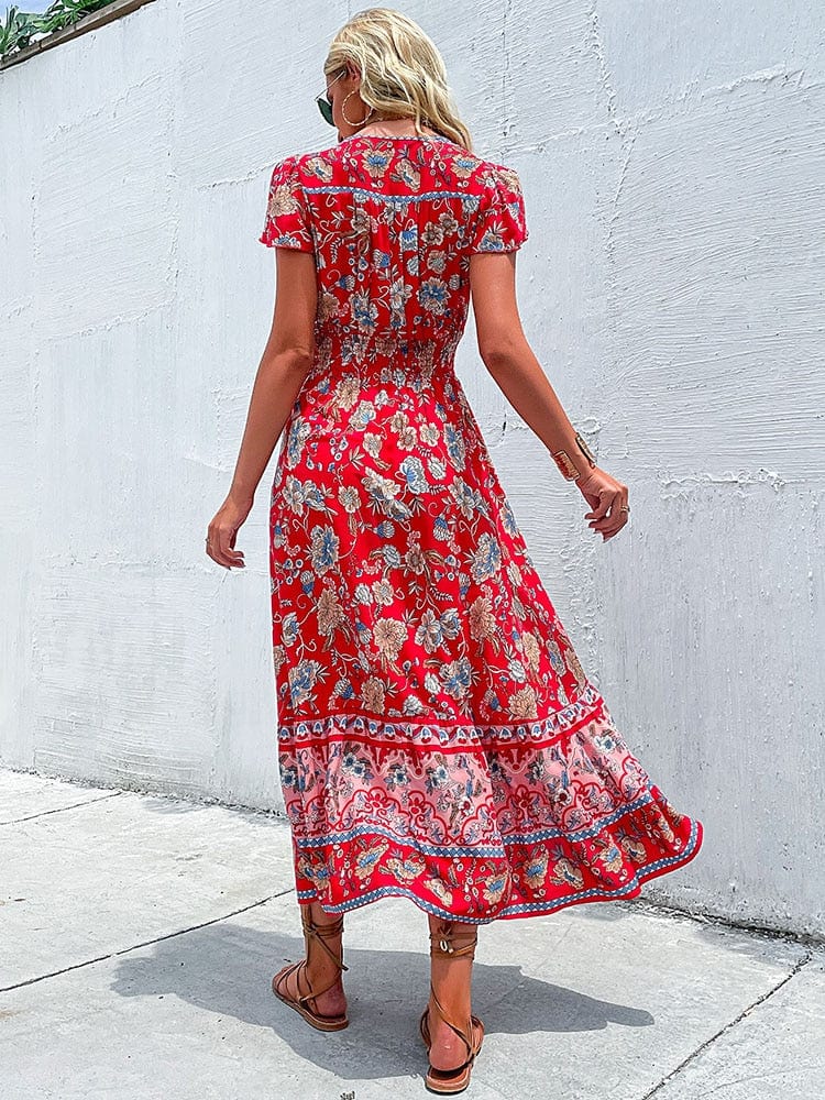 Elena® | Vintage Style Red Bohemian Maxi Dress