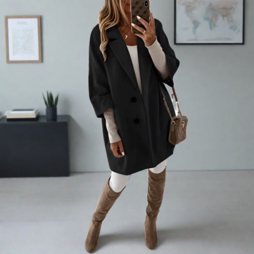 Women’s Overcoat – Relaxed Fit – Wool Texture – Mid Length – Classic Lapel – Button Front