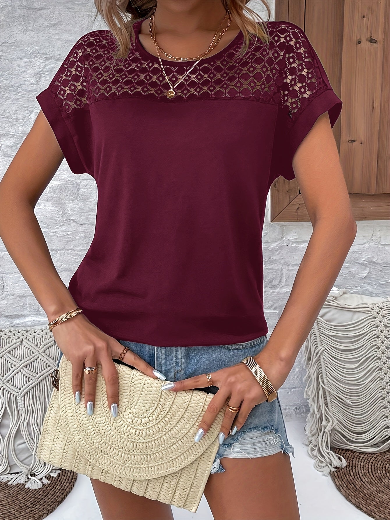 Ceres® | Trendy Bordeaux T-Shirt With Lace Trim And Batwing Sleeves