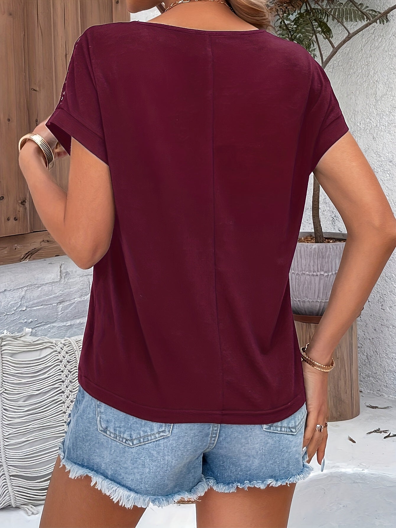 Ceres® | Trendy Bordeaux T-Shirt With Lace Trim And Batwing Sleeves