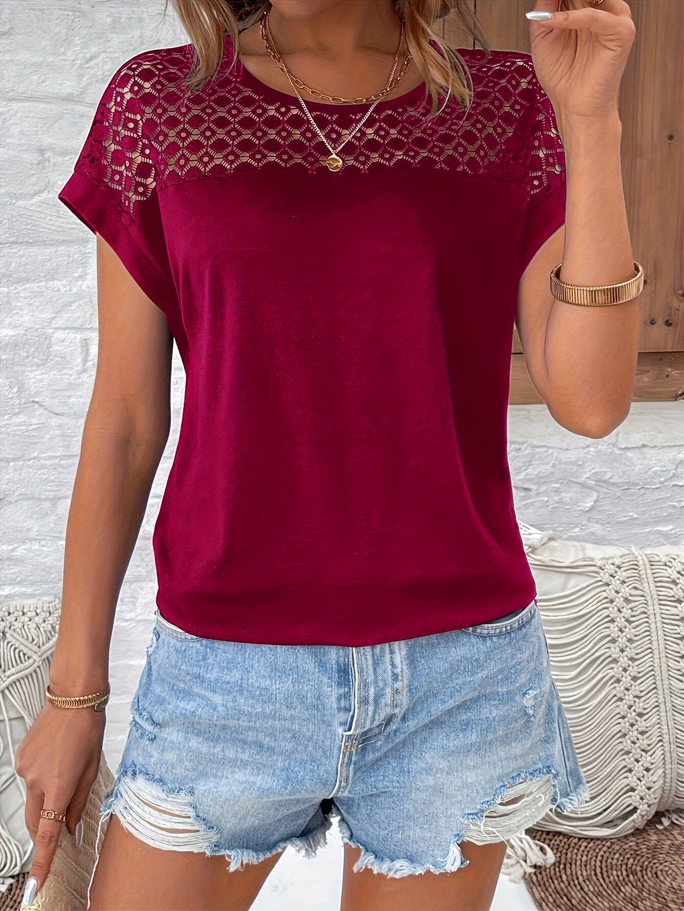 Ceres® | Trendy Bordeaux T-Shirt With Lace Trim And Batwing Sleeves