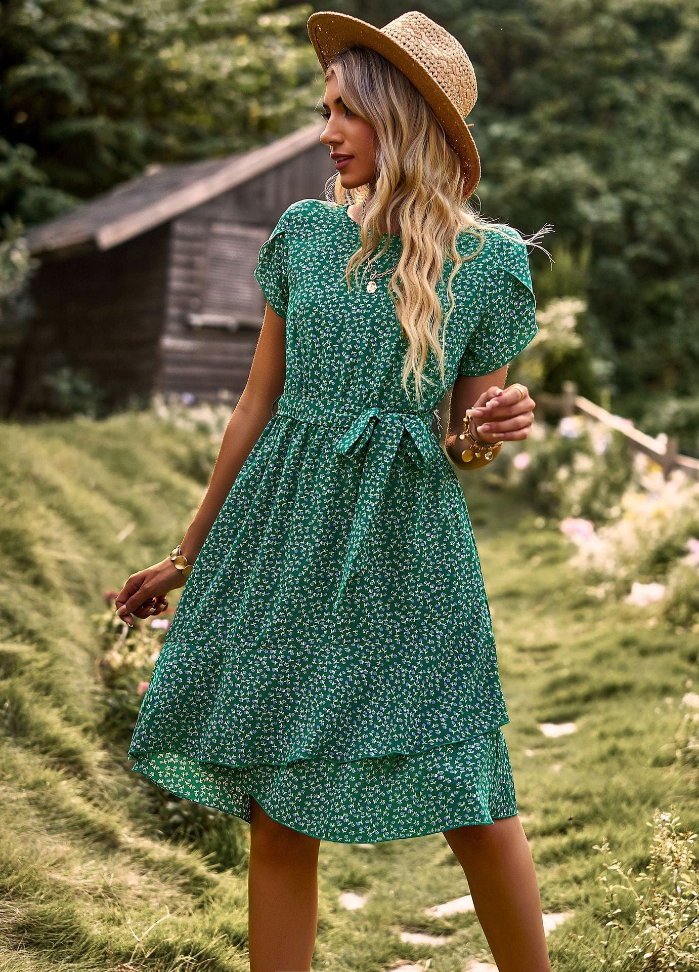 Dinah® | Short green bohemian dress with print