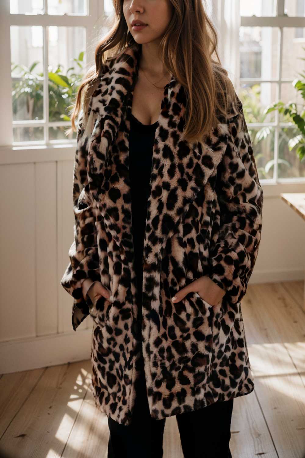 Catalina® | Long sleeve leopard print midi coat with lapels