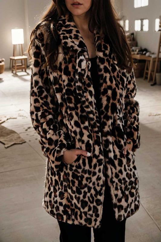 Catalina® | Long sleeve leopard print midi coat with lapels