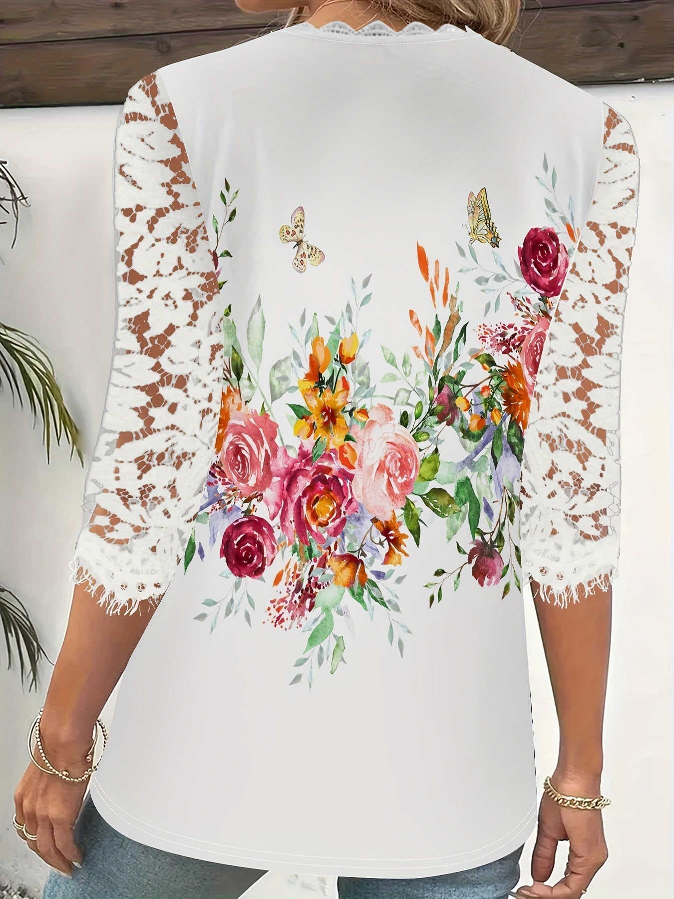 Bonifacia® | Elegant Women'S T-Shirt With Lace Patchwork And Floral Print