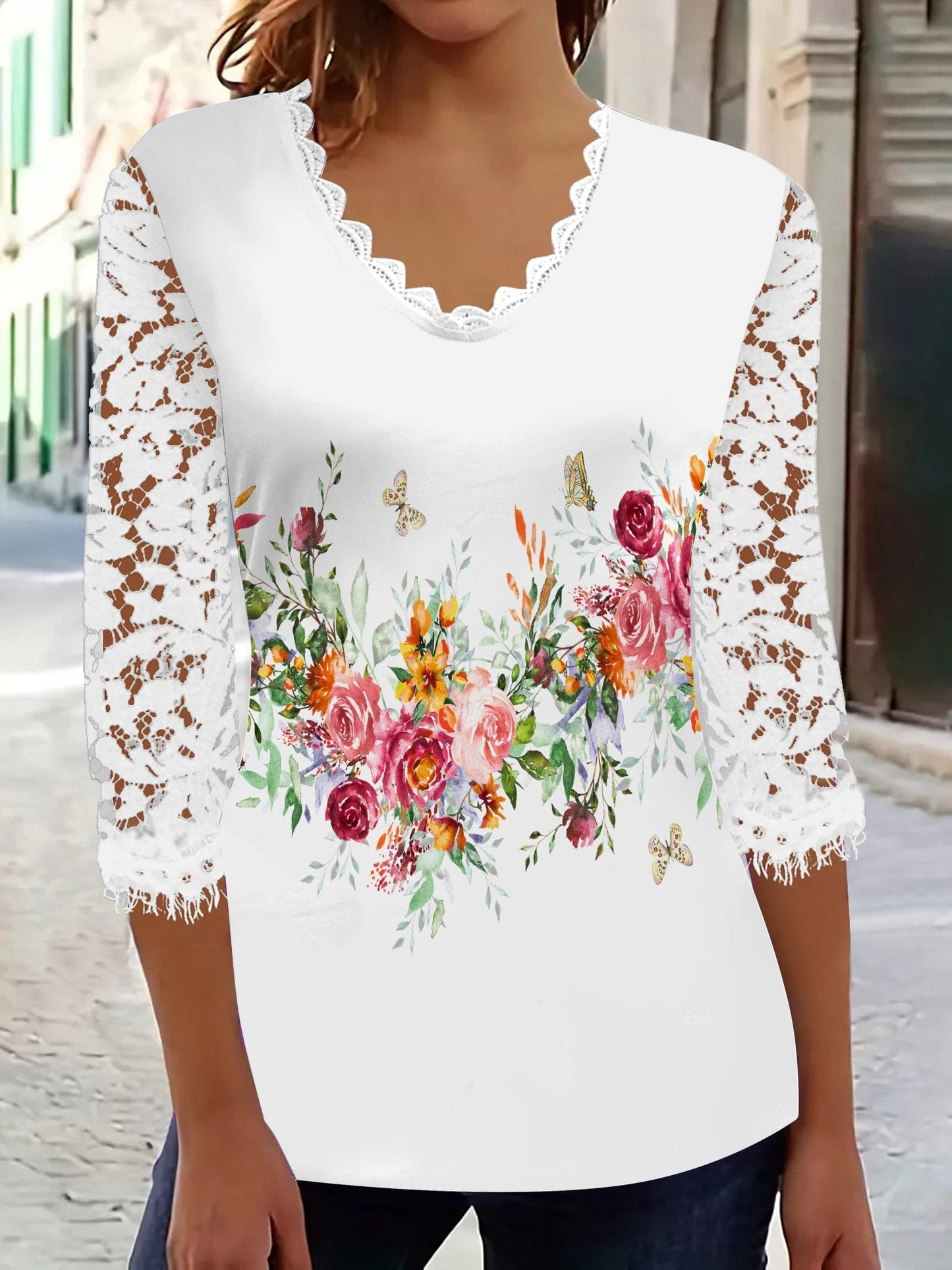 Bonifacia® | Elegant Women'S T-Shirt With Lace Patchwork And Floral Print