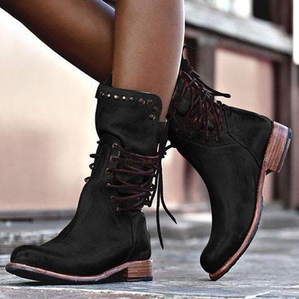 Jessica | Faux Leather Boots – Stylish Lace-Up Design – Edgy Metal Studs – Comfortable Low Heel