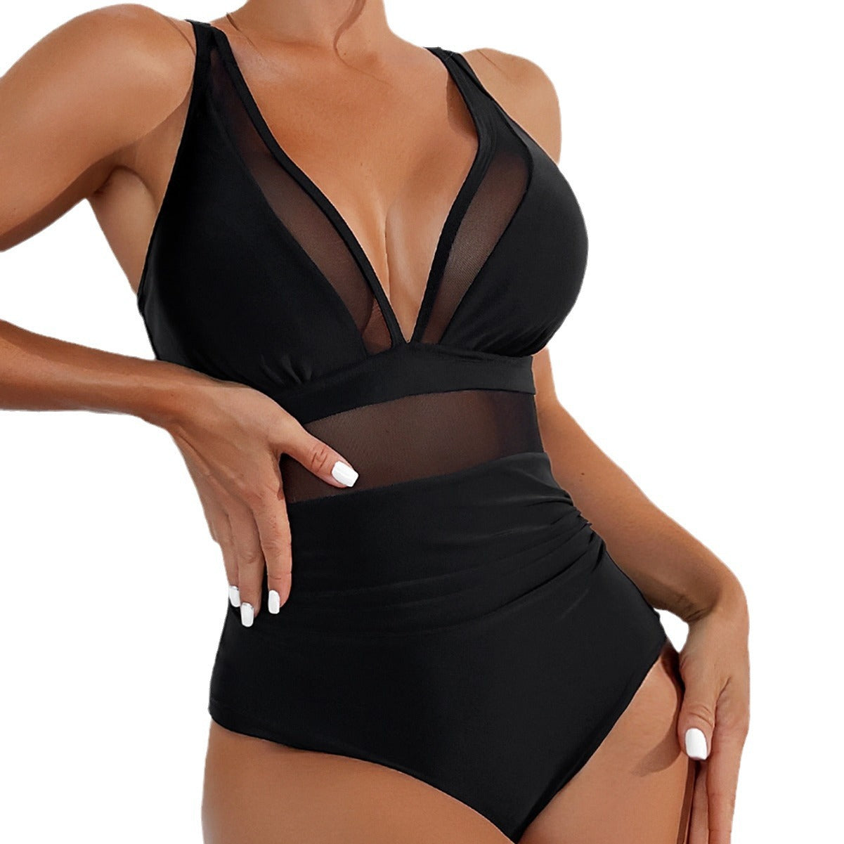 Calypso® | V-neck swimsuit with adjustable straps and sheer details