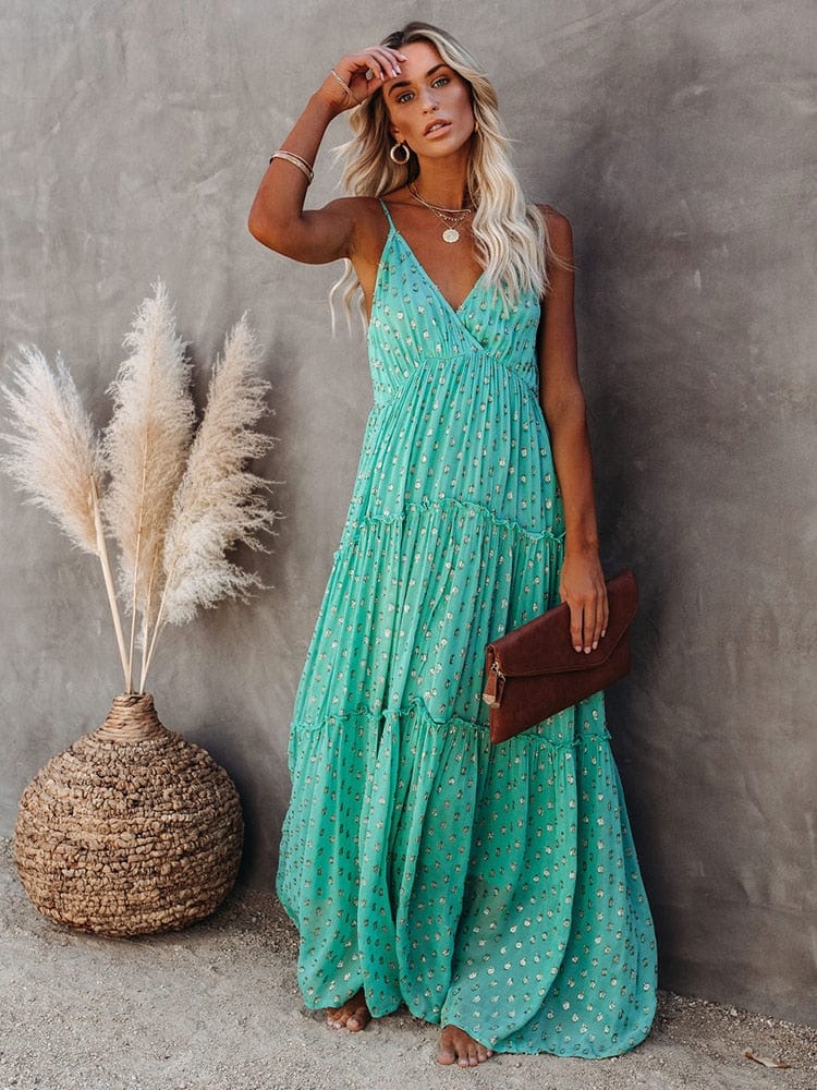Camille® | Green V-Neck Maxi Beach Dress