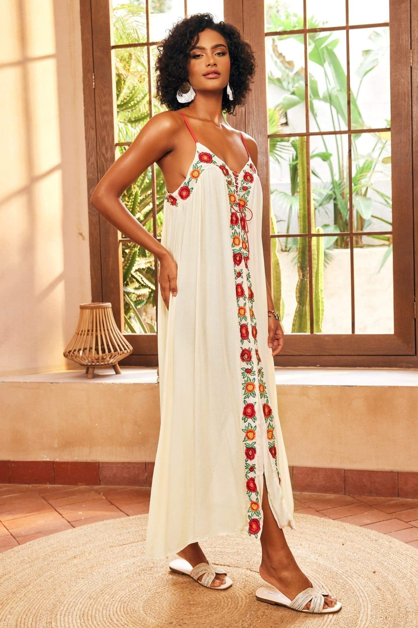 Cristina® | Maxi Slip With V-Neck And Floral Embroidery