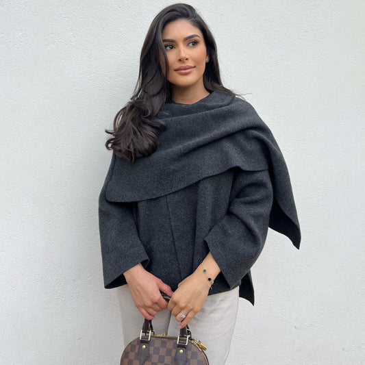 Women’s Scarf Cardigan – Oversized Fit – Wool Feel – Draped Collar – Bell Sleeve